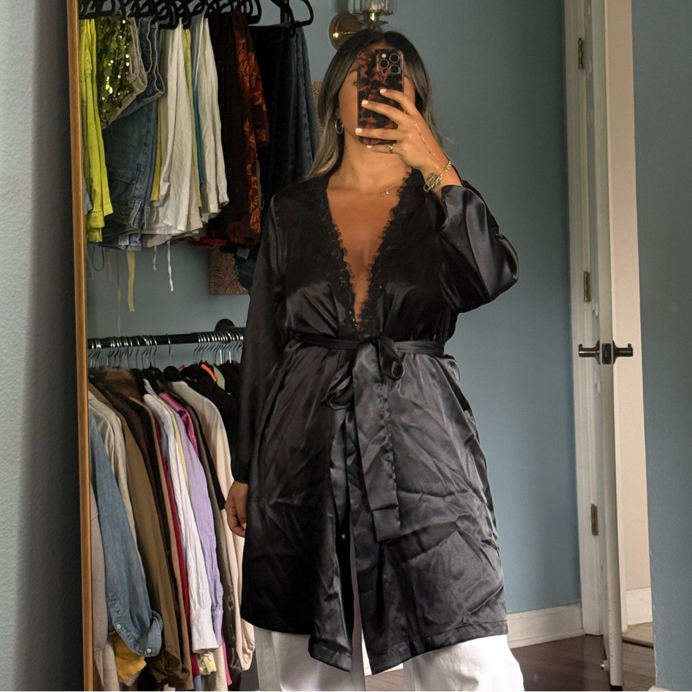 Women's Black Satin Lace-Trim Robe with Waist Tie